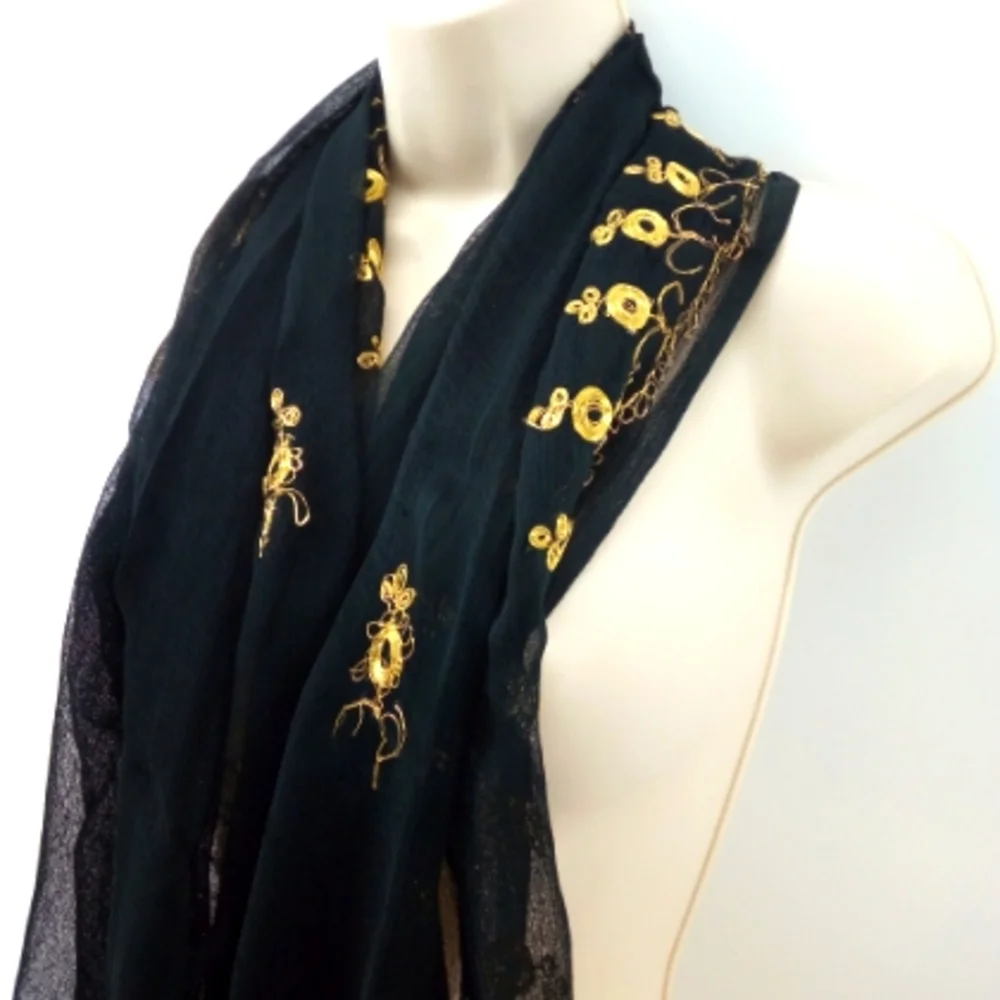 Vintage Metallic Gold Black Sheer Neck Scarf